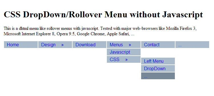 CSS Menu without JavaScript, Pure-CSS, Hidden, Mouseover-Effect